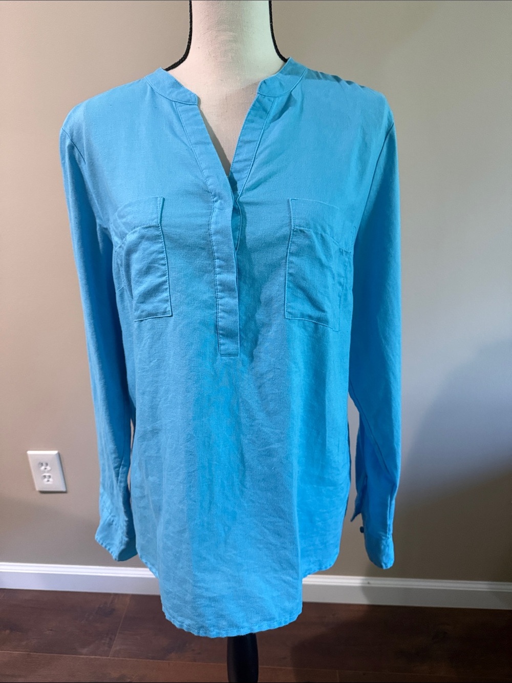 Talbots Linen Turquoise Long-Sleeve Split-Neck Tunic Size Large